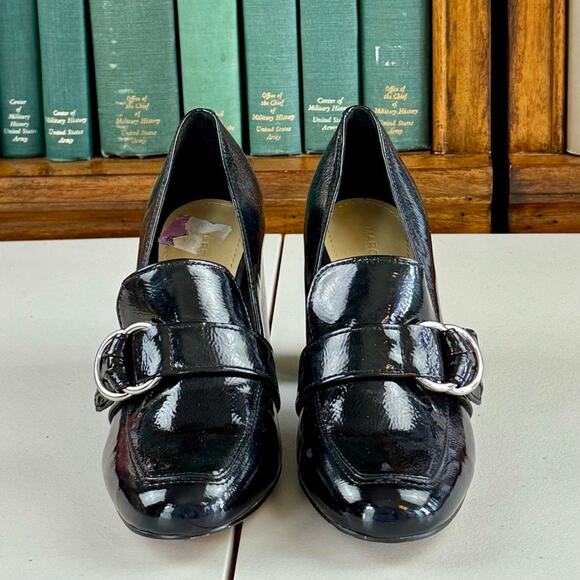 Marc Fisher Black Patent Faux Leather "Caila" Buckle Chunky Heel Loafer Sz 6.5 - Picture 3 of 7